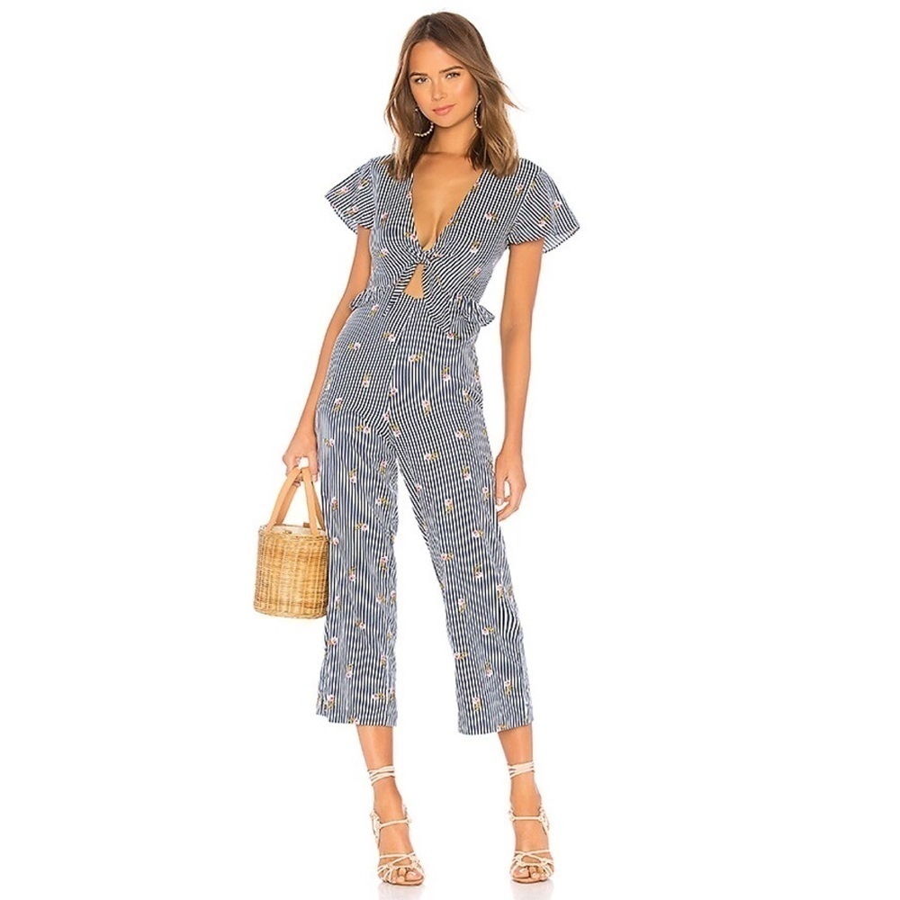 Privacy Please Navy and White Patterned Jumpsuit